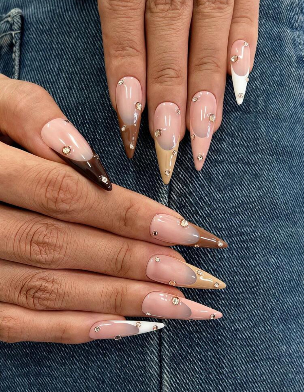 Handmade Multi-Tone French Stiletto Nails (With Rhinestones)