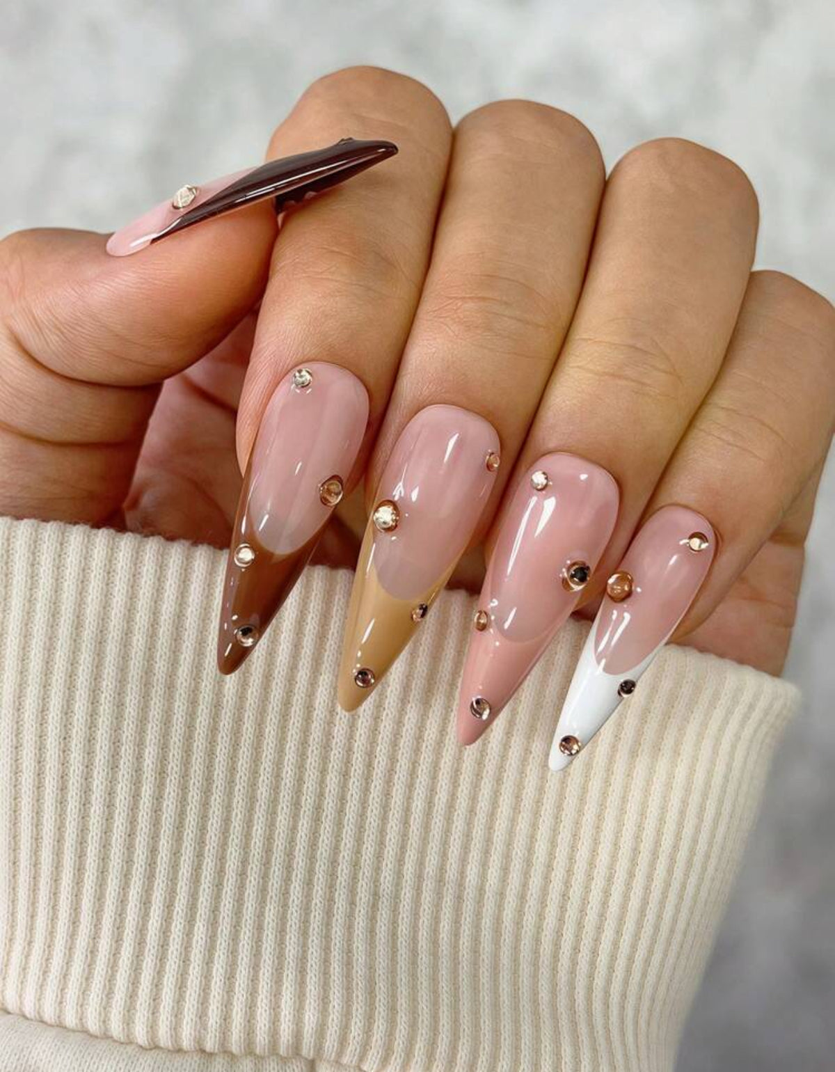Handmade Multi-Tone French Stiletto Nails (With Rhinestones)
